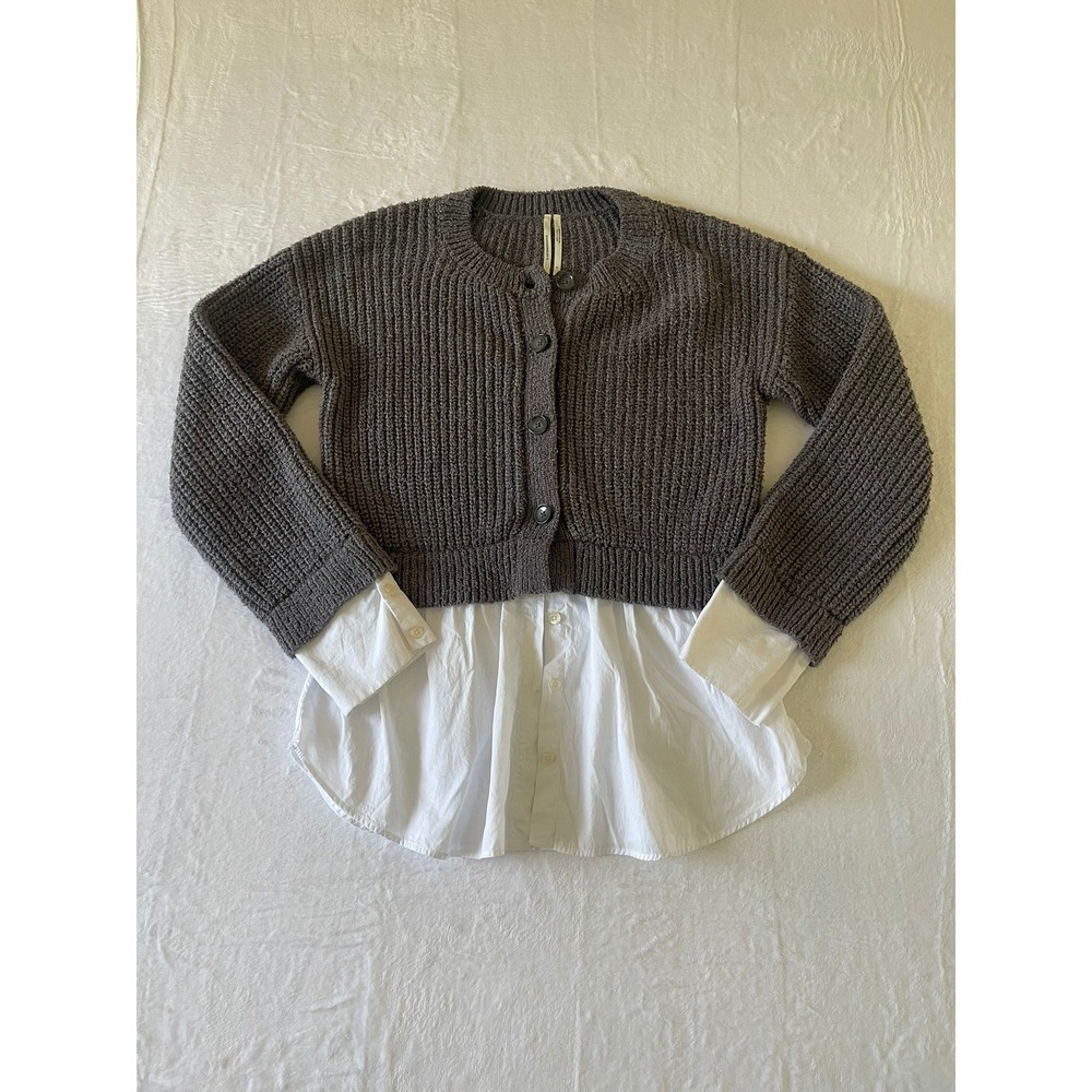Anthropologie Womens M Gray Mixed Media Knit Cardigan Sweater Layered Shirttail